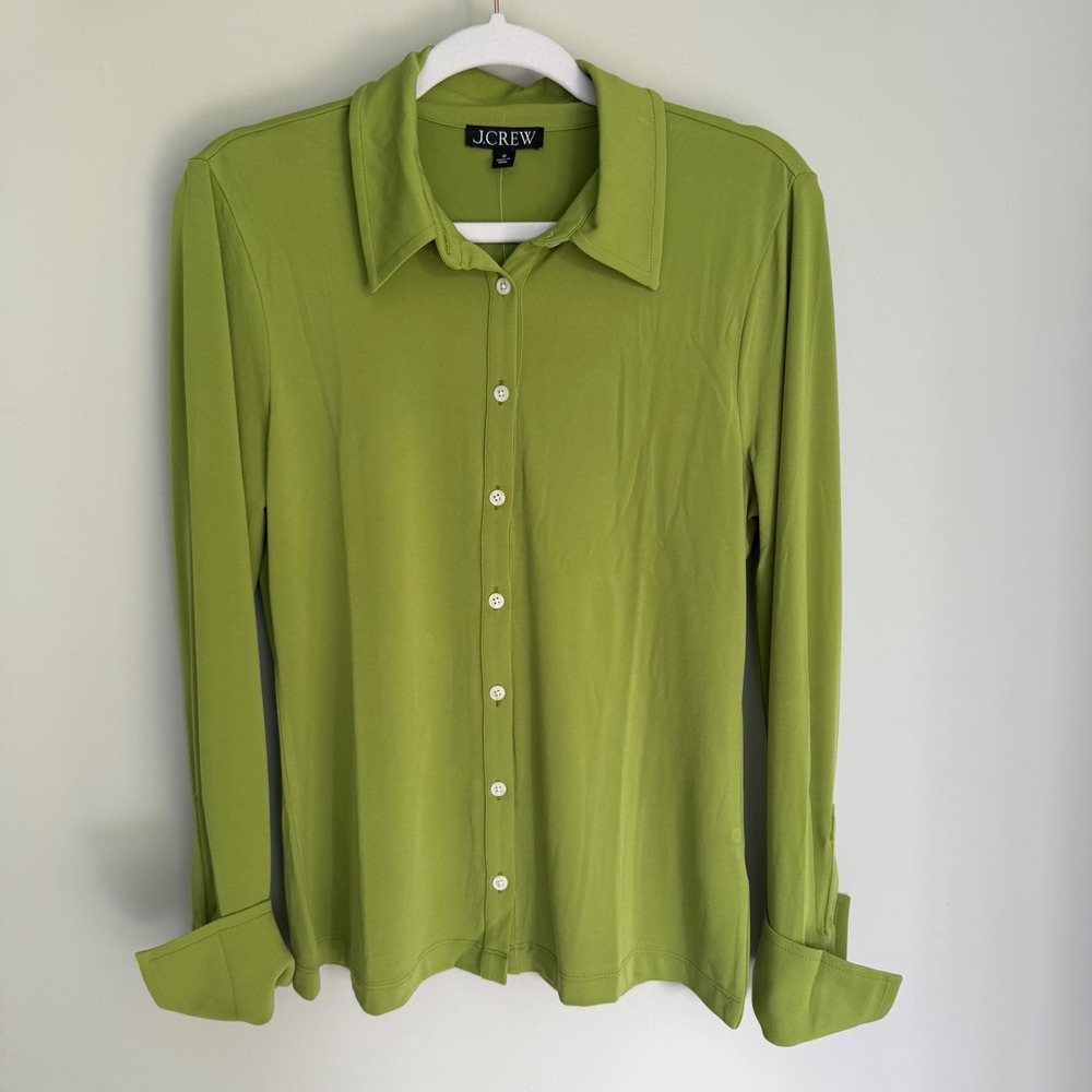 NEW J. Crew Button Down Jersey Knit Shirt Blouse Lime Green Stretch Medium NWT